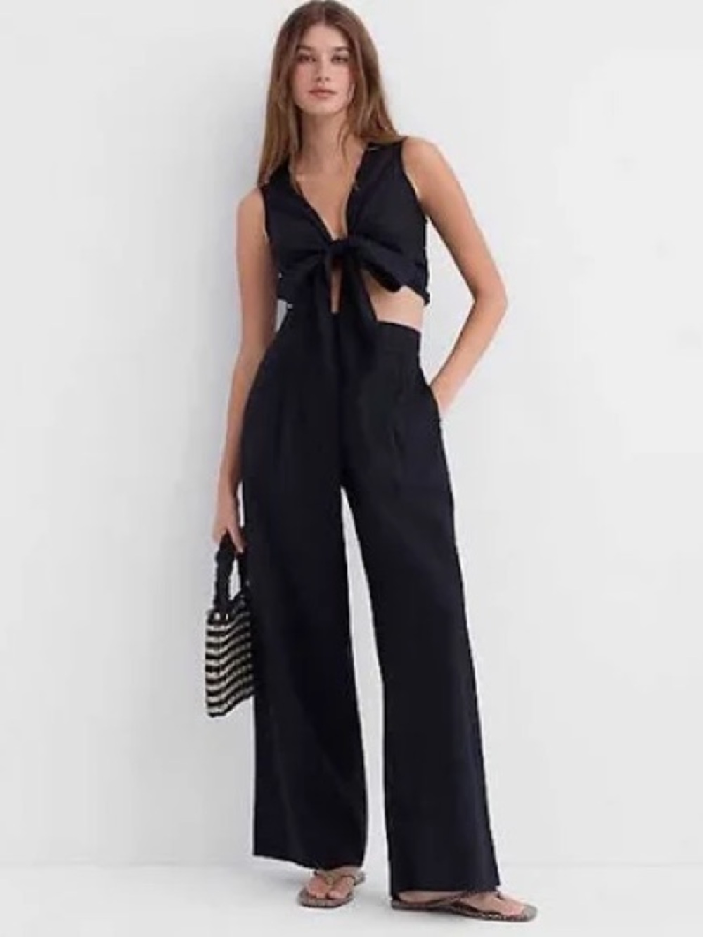 NWT LOFT Beach 100% Linen Black Wrap Top Size L